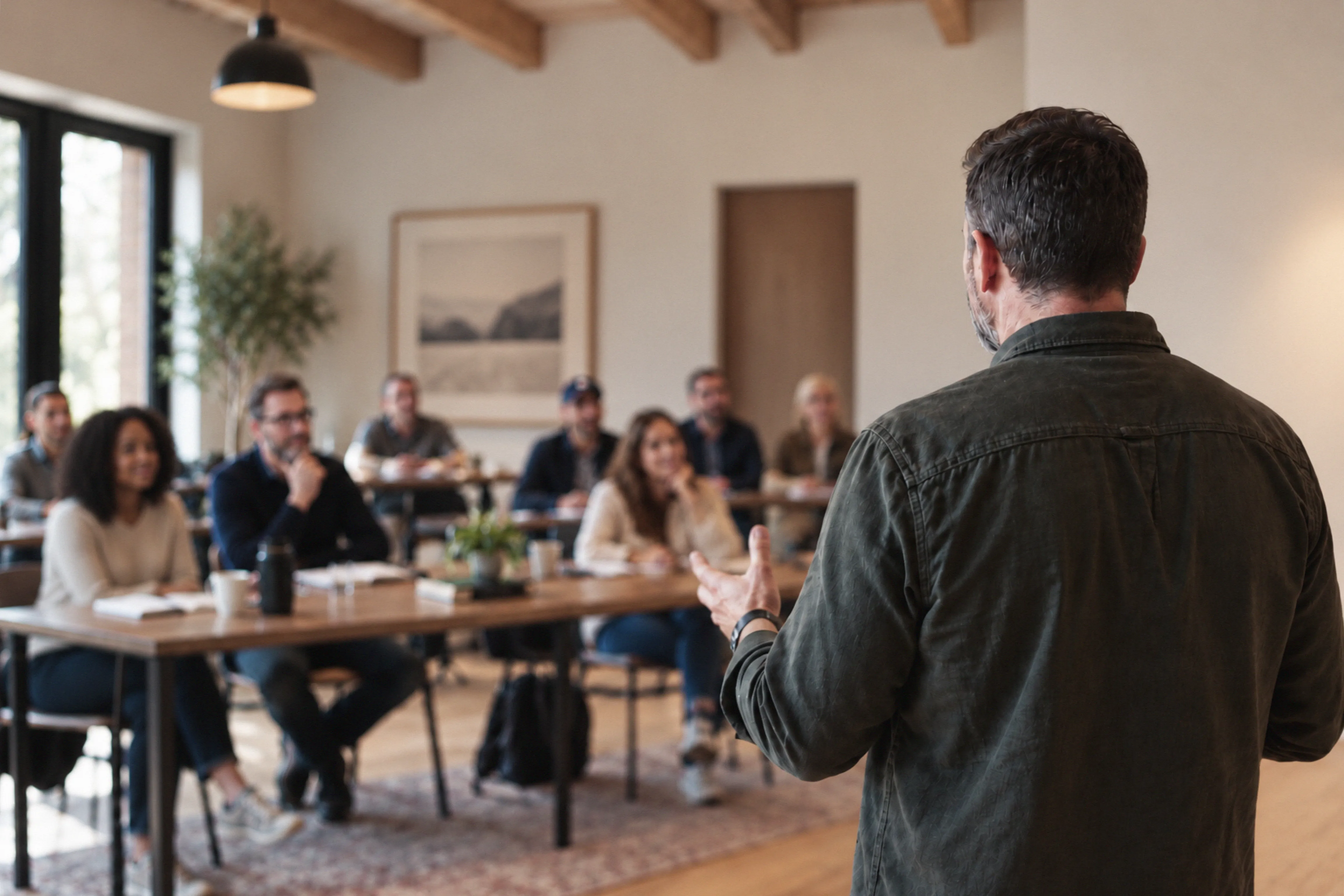 A workshop leader speaking to people seated at tables